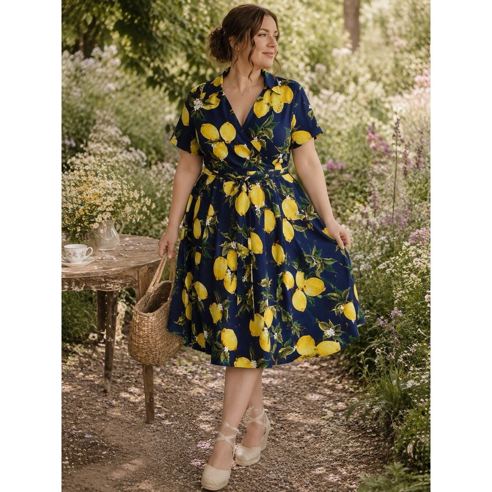 Lemon Print Fit And Flare Midi Dress Short Sleeves Size 2XL Summer Picnic Stretc
